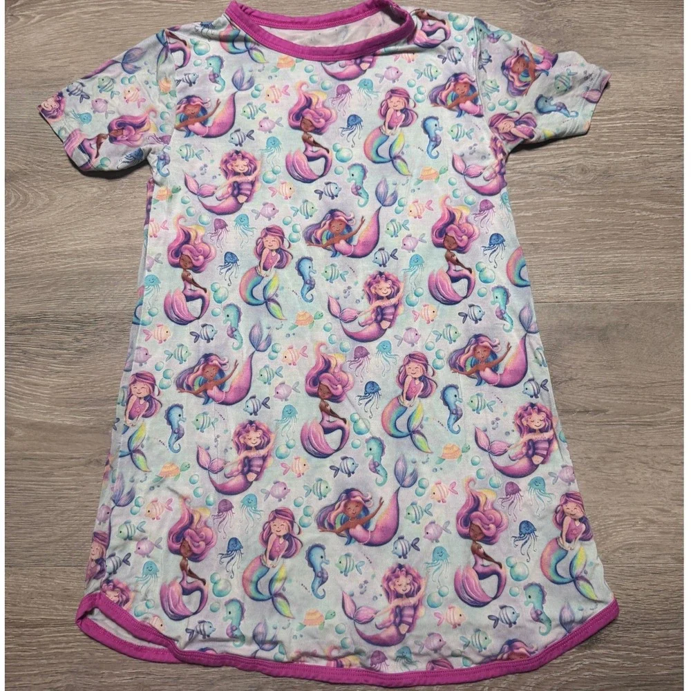 Birdie Bean Mermaid Nightgown Bamboo Ocean Print Pajama Dress Blue Pink 4T